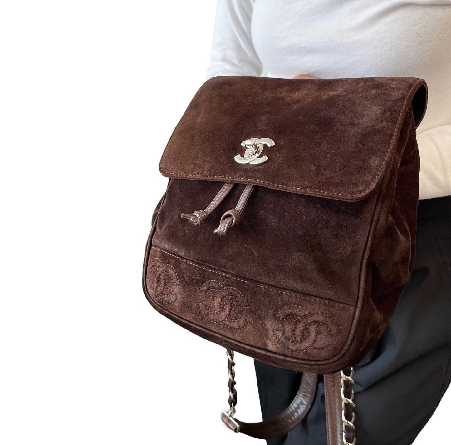 CHANEL Vintage CC Mark Logo Turn Lock Backpack Stitch Brown Silver Suede