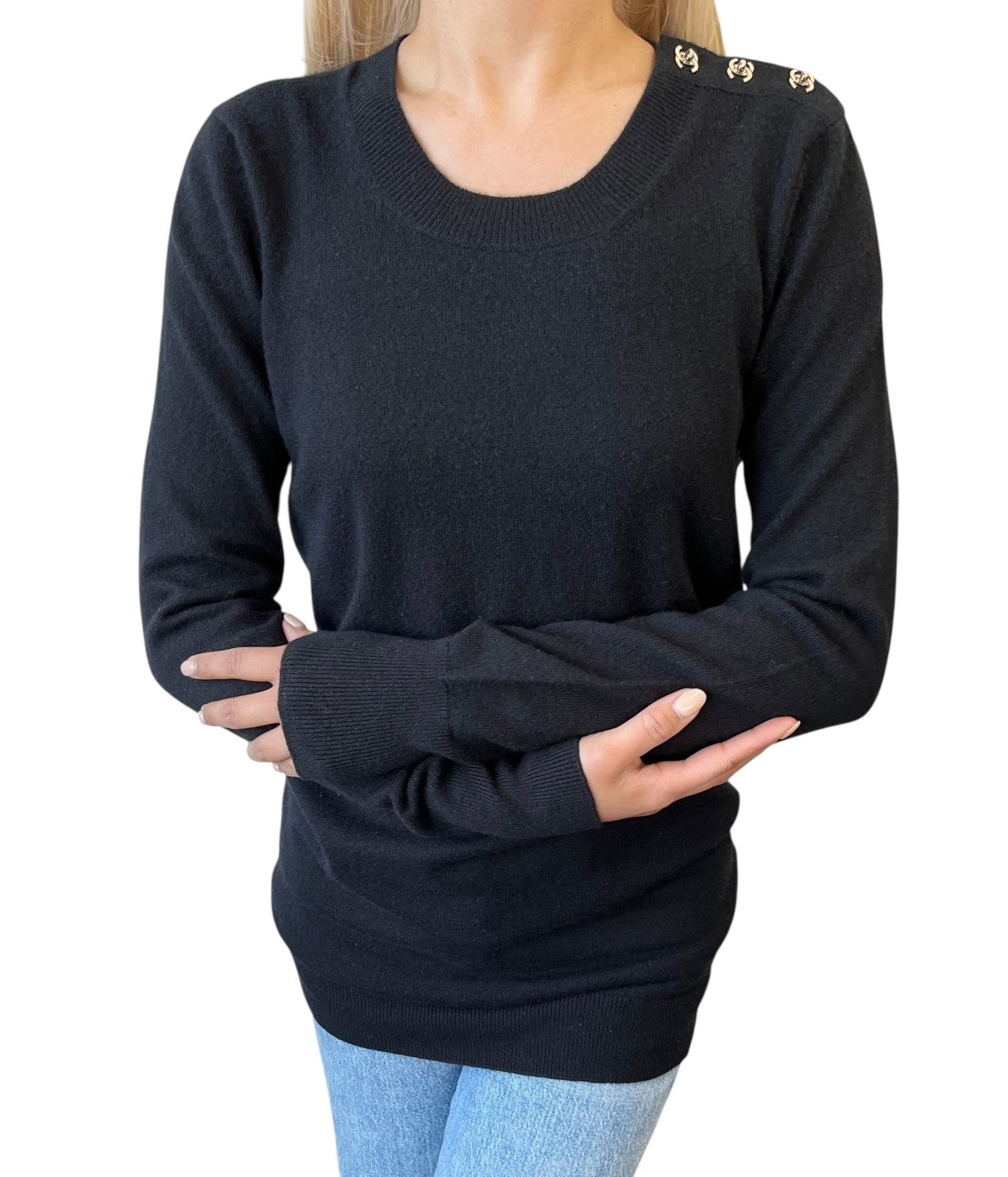 CHANEL Vintage CC Logo Turnlock Cashmere Ribbed Sweater Knit Top #36 Black