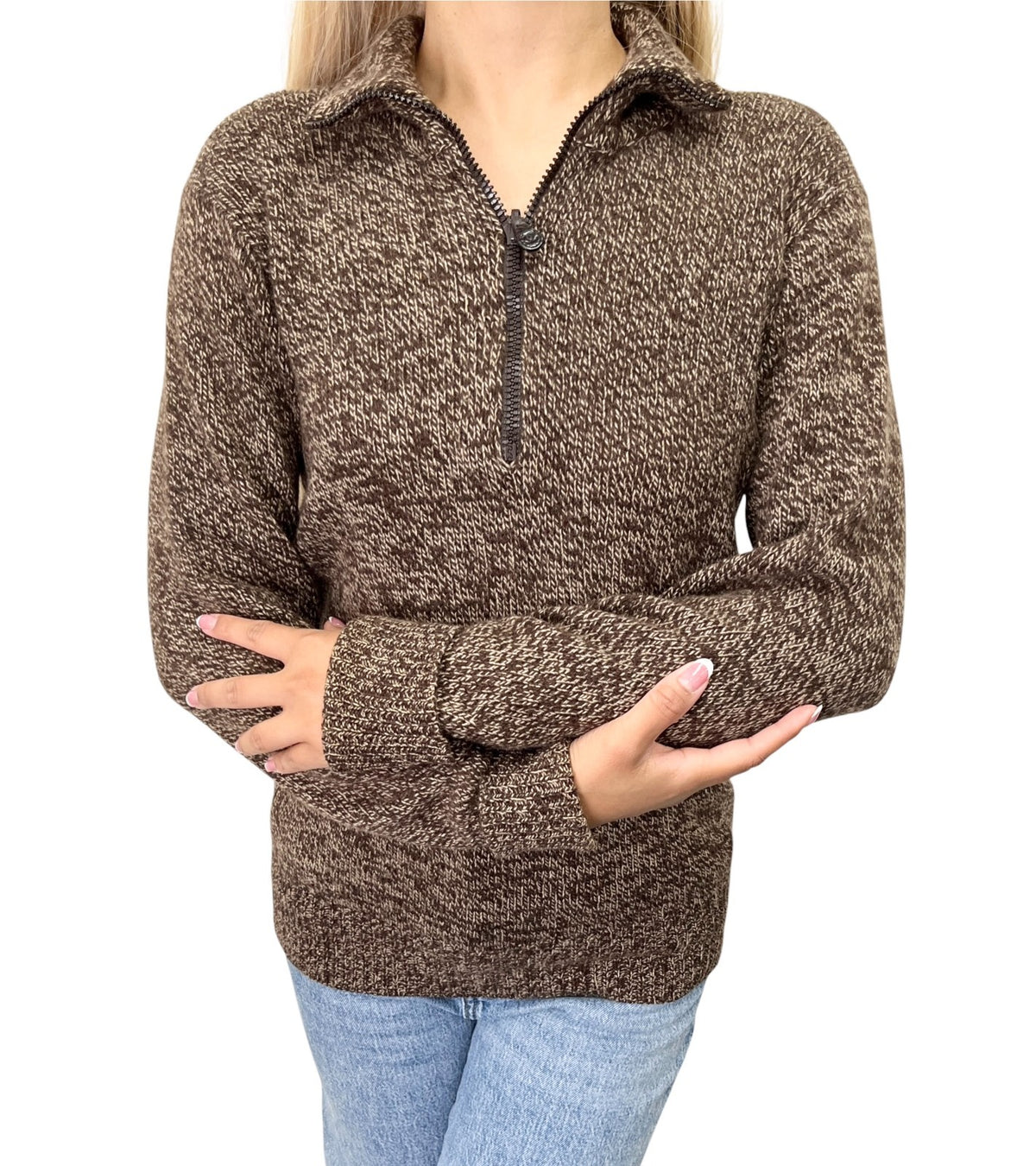 CHANEL Vintage CC Logo Cashmere Knit Zip Sweater Top Brown Beige 902479