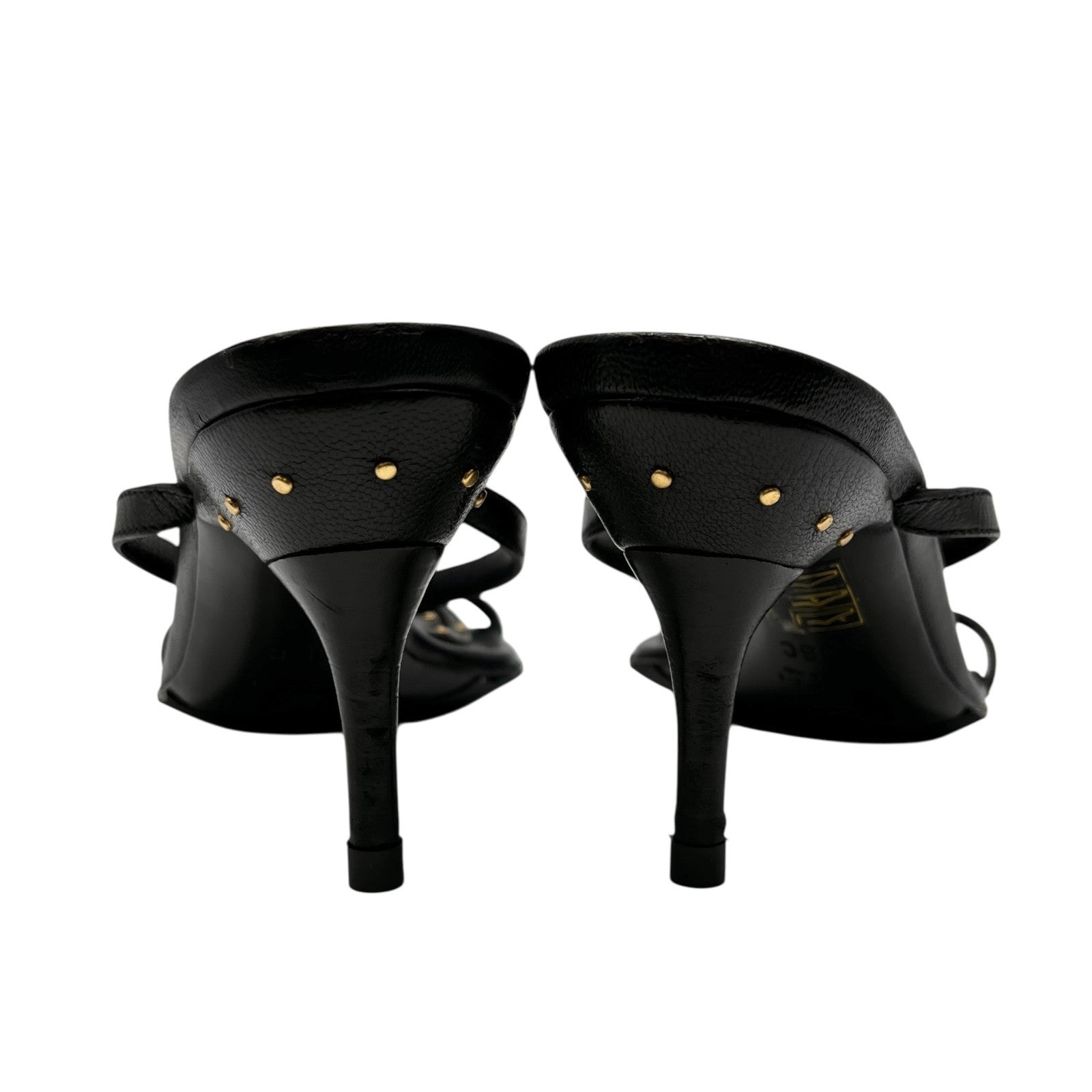 GUCCI Vintage GG Logo Slide Sandals Heels #36 Studs Stiletto Black Gold Leather