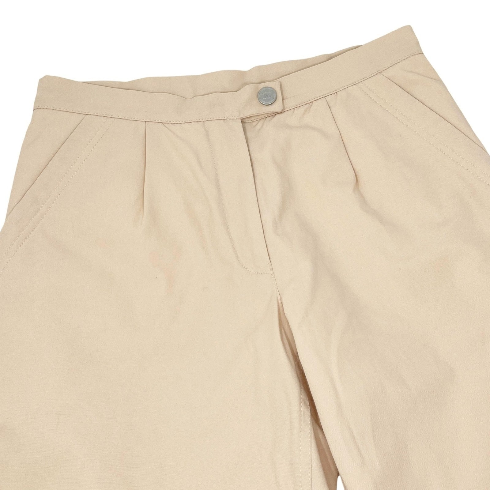 CHANEL Sport Vintage 01A CC Logo Jogger Pants #38 Ribbed Hem Light Beige Silver