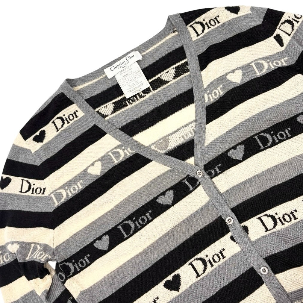 Christian Dior Vintage 2005 Stripe Heart Cardigan Top #40 Gray Ivory 902838