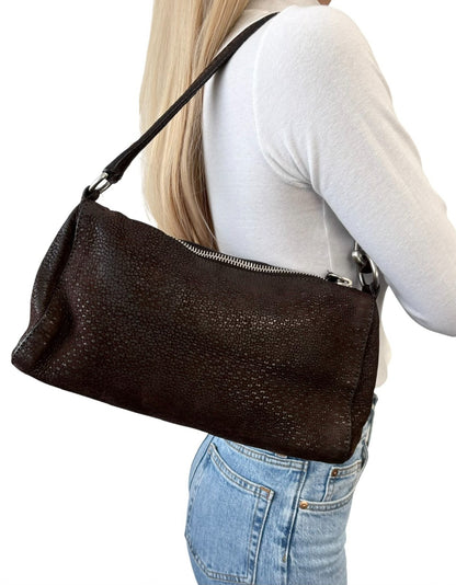 PRADA Vintage Triangle Logo One Shoulder Bag Textured Suede Brown Leather 902350
