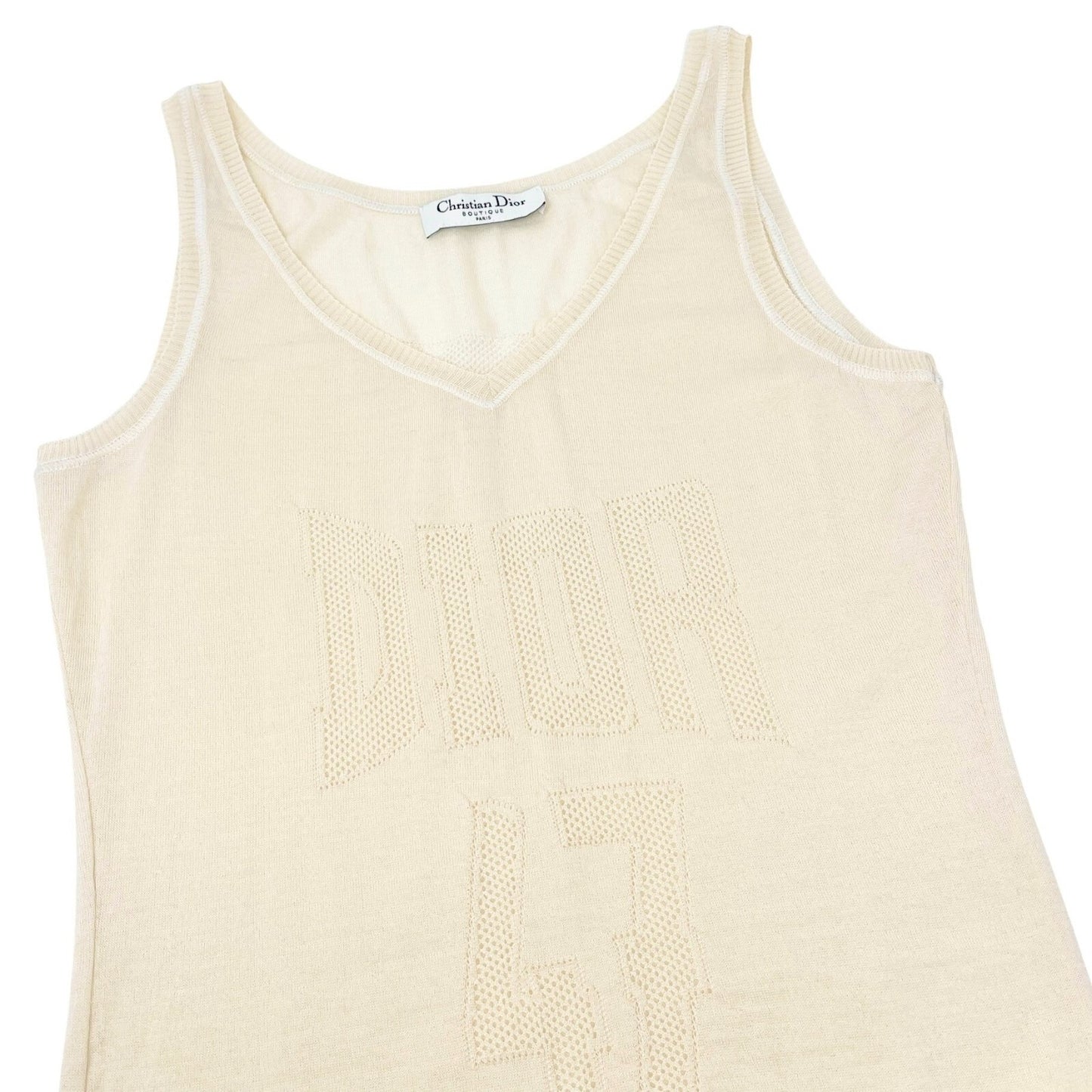 Christian Dior Vintage Logo V-neck Knit Tank Top Mesh Pullover Cream Cotton