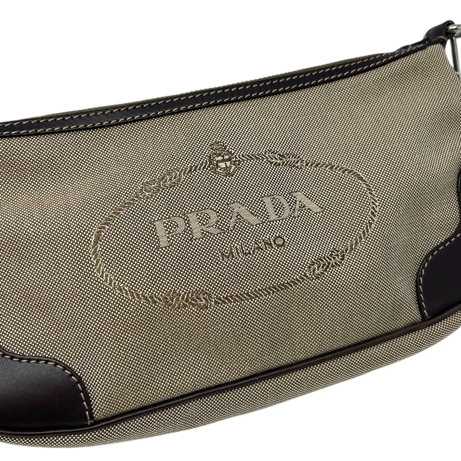 PRADA Vintage Logo Jacquard Pochette Shoulder Bag Beige Brown Cotton Zip