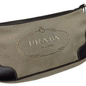 PRADA Vintage Logo Jacquard Pochette Shoulder Bag Beige Brown Cotton Zip