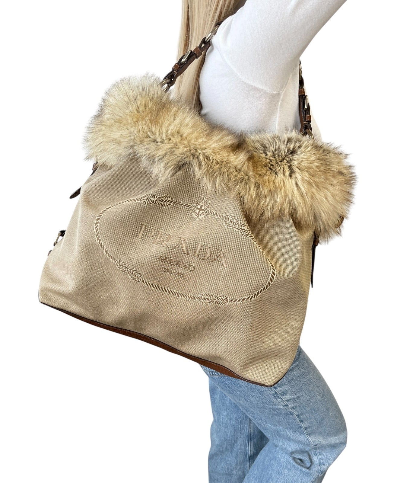 PRADA Vintage Logo Jacquard Fur Trim Canvas Shoulder Tote Bag Beige Brown