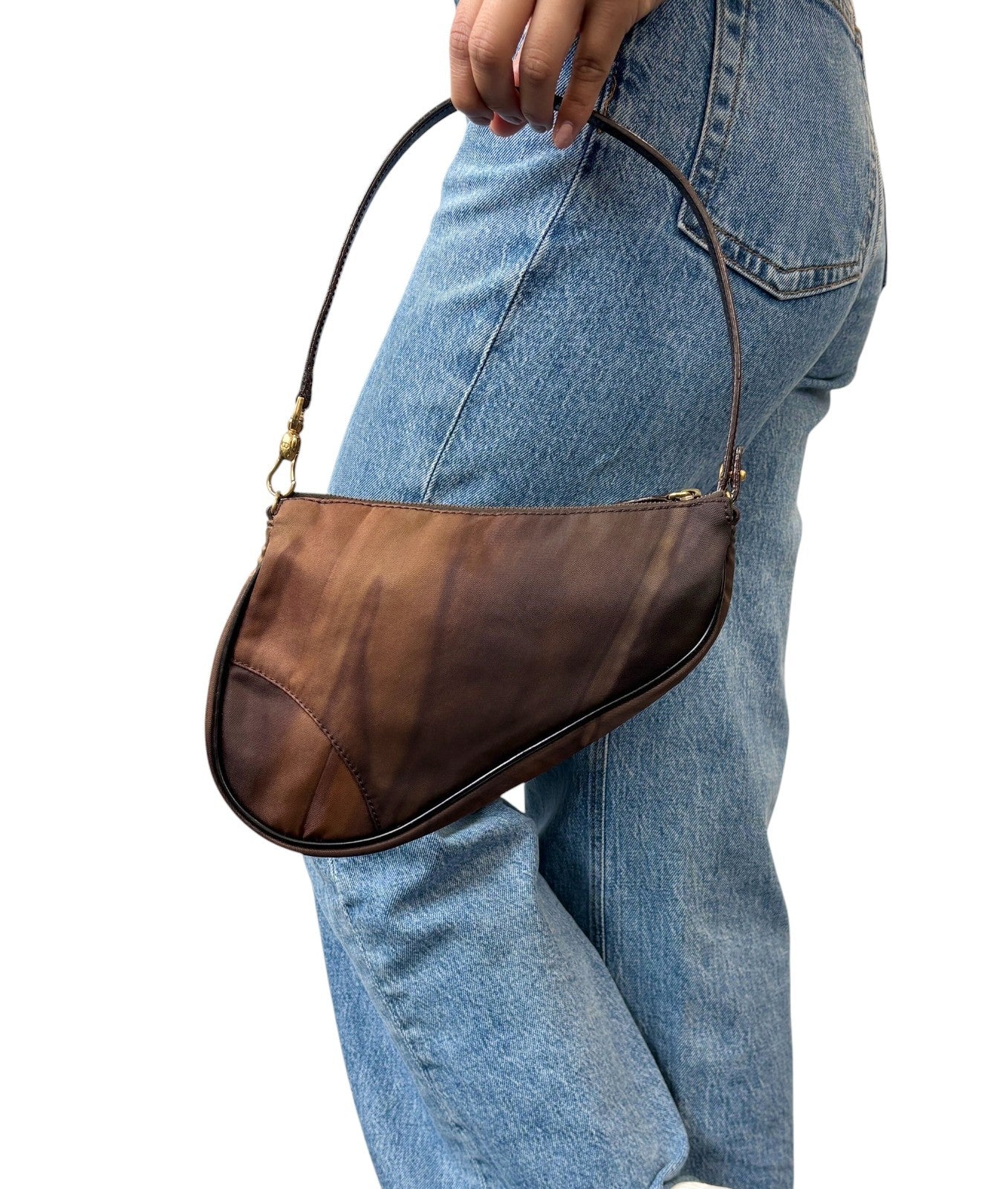 Christian Dior Vintage 2001 Saddle Nylon Shoulder Bag Pochette Brown Gold