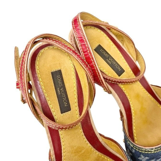 LOUIS VUITTON Vintage Logo Monogram Sandals Heels #36.5 Blue Red Leather