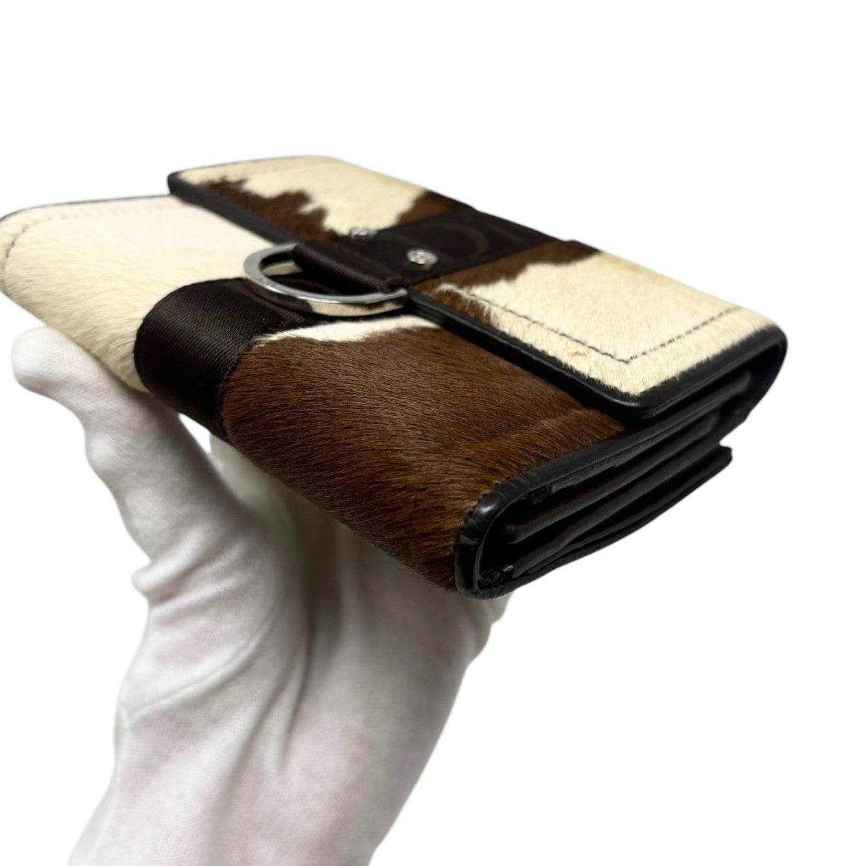 Dior Vintage Logo Cow Print Pony Calf Hair Mini Wallet Brown White 901888