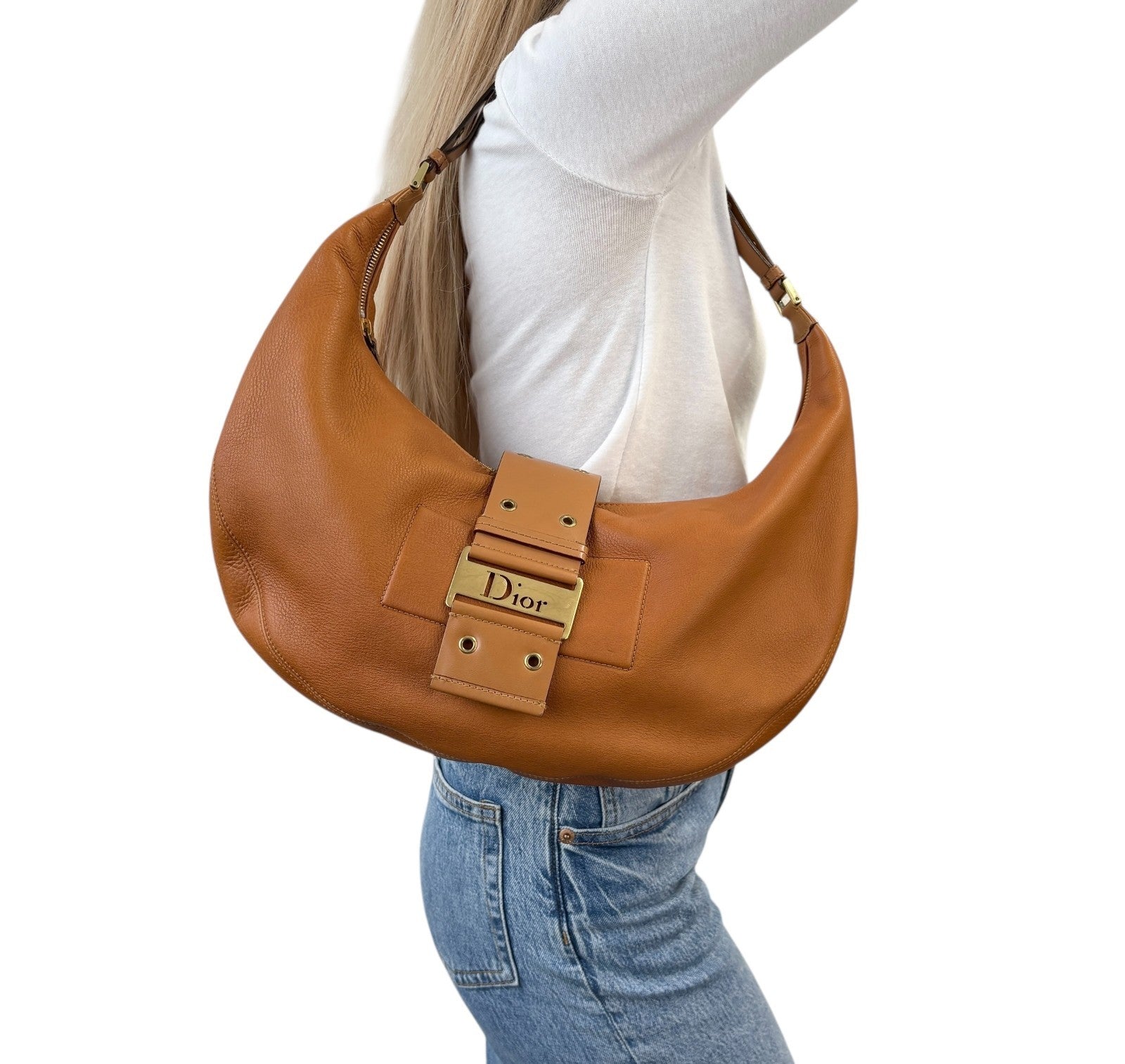 Christian Dior Vintage 2003 Street Chic Shoulder Hobo Bag Brown Gold Leather