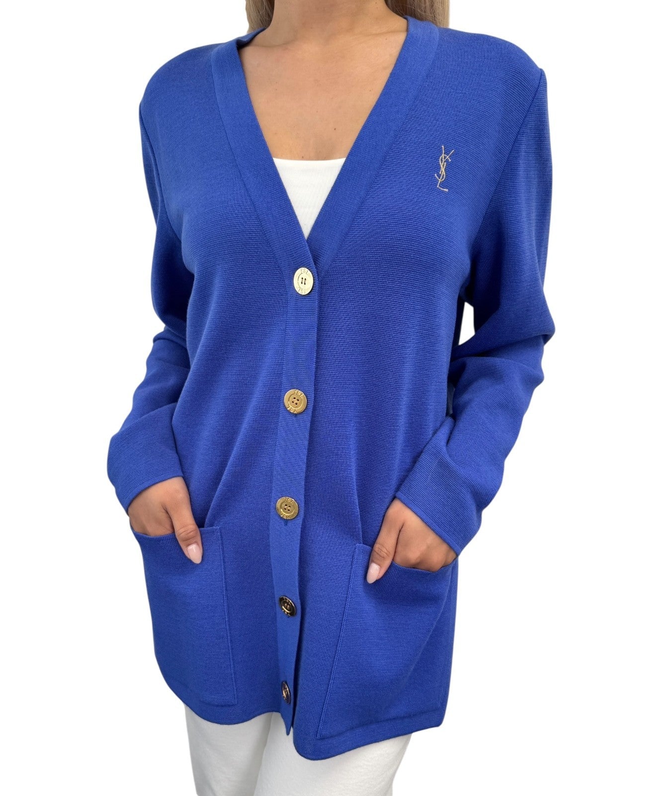 Yves Saint Laurent Vintage YSL Logo Cardigan Top Sweater #M Button Blue