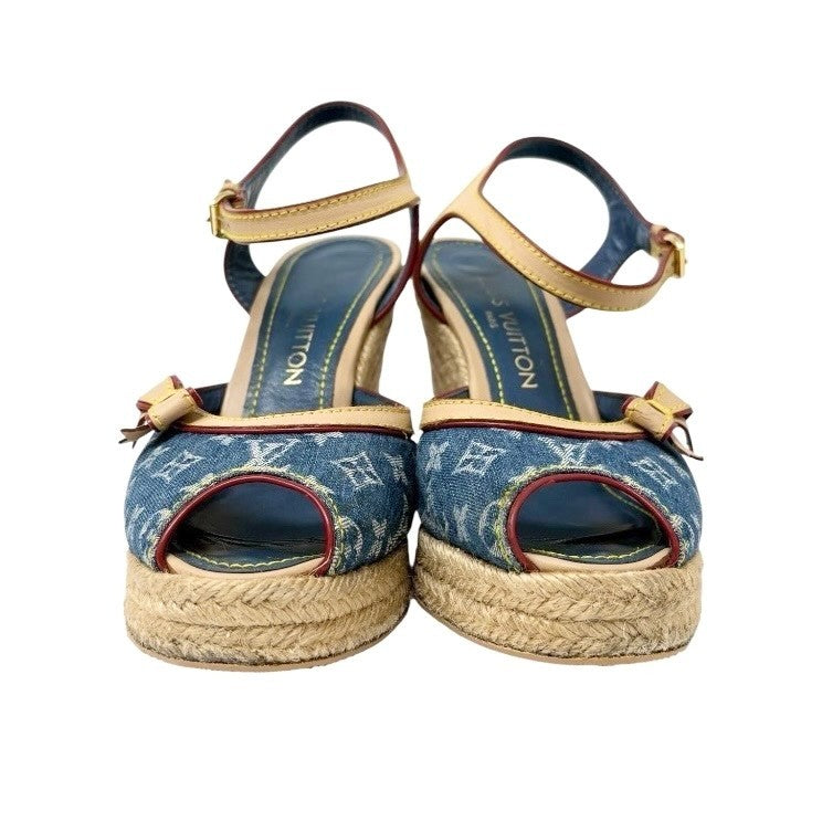 LOUIS VUITTON Vintage Logo Monogram Sandals Heels #36.5 Blue Beige Denim