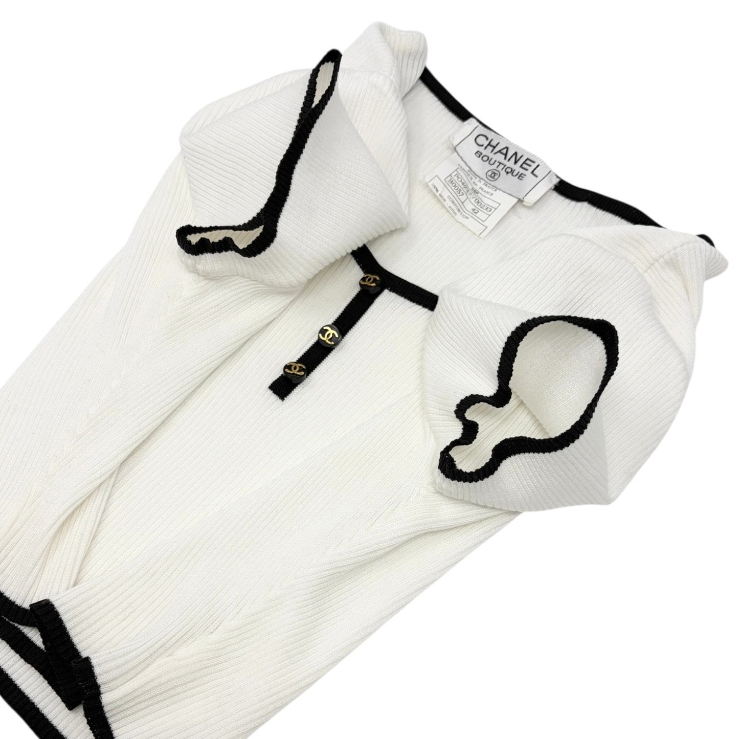 CHANEL Vintage 95P CC Logo Button Knit Cropped Ribbed T-shirt #42 White Cotton