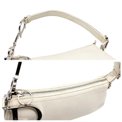 Christian Dior Vintage Logo D Charm Shoulder Bag White Silver Leather 902377