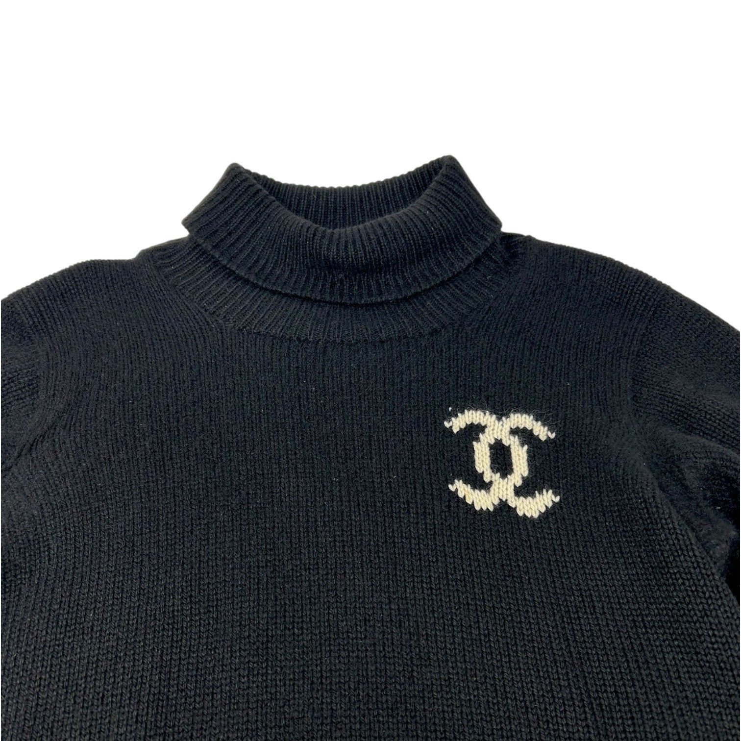 CHANEL Vintage Big CC Logo Knit Sweater Turtleneck Top Black White Cashmere