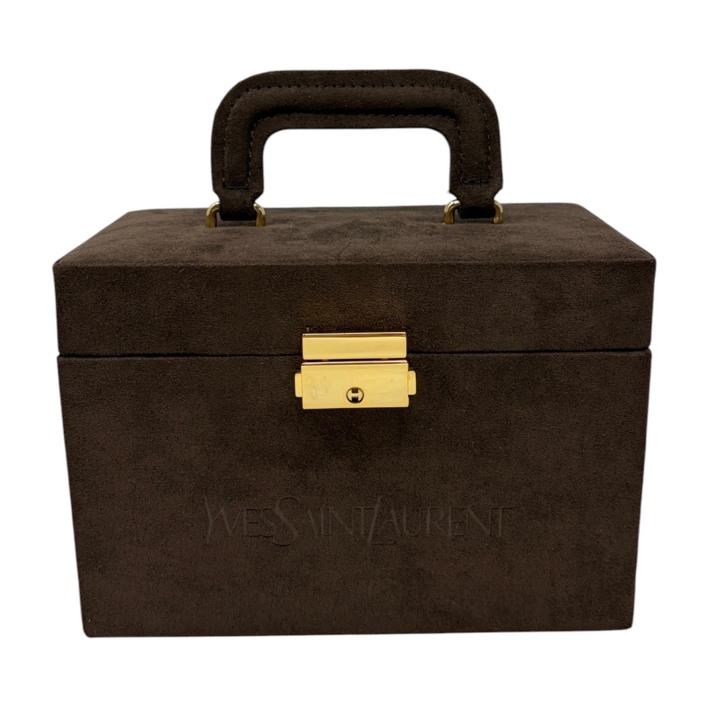 Yves Saint Laurent Vintage YSL Logo Suede Vanity Box Bag Brown Gold 901820