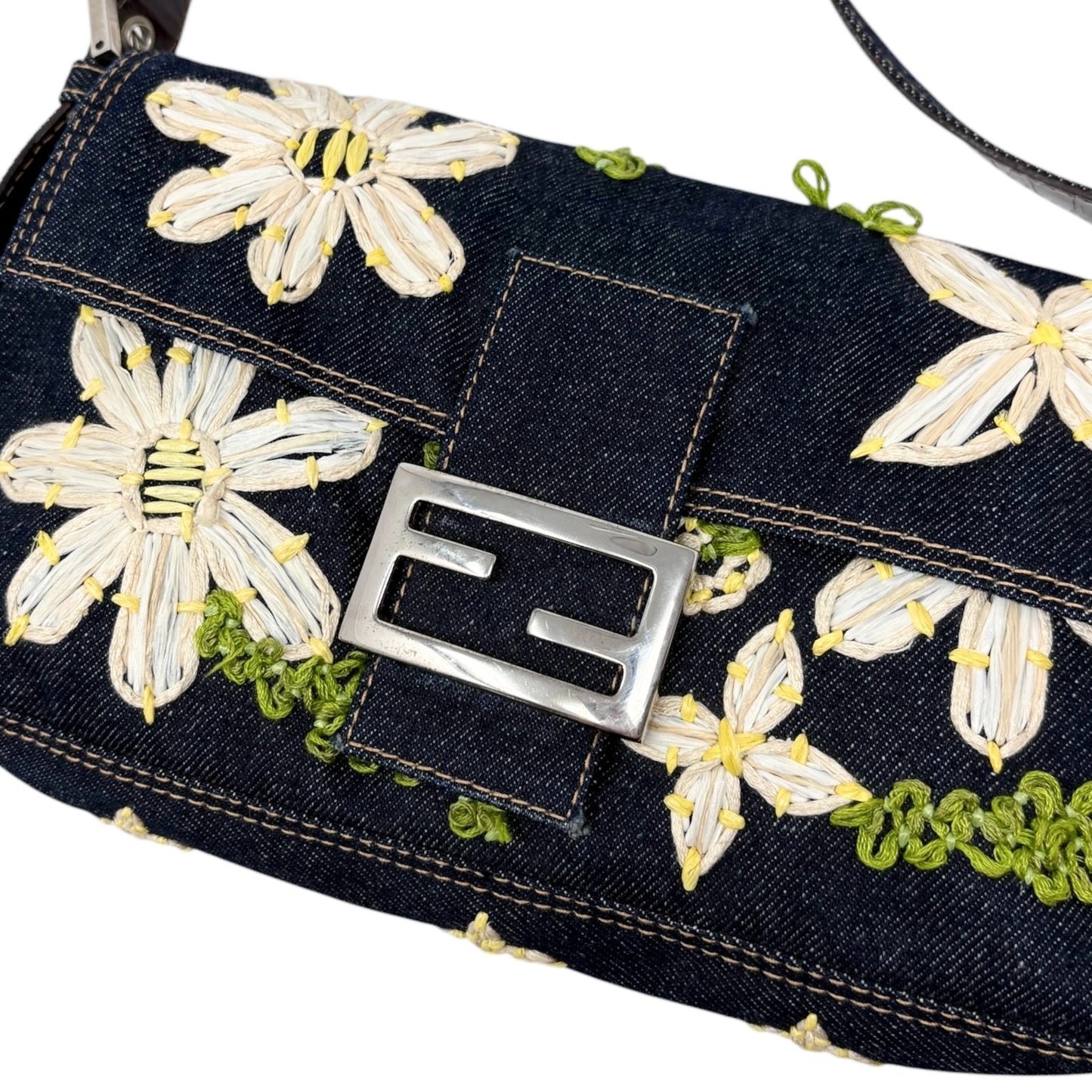 FENDI Vintage Mamma Baguette Denim Shoulder Bag Flower Blue Cotton 901871