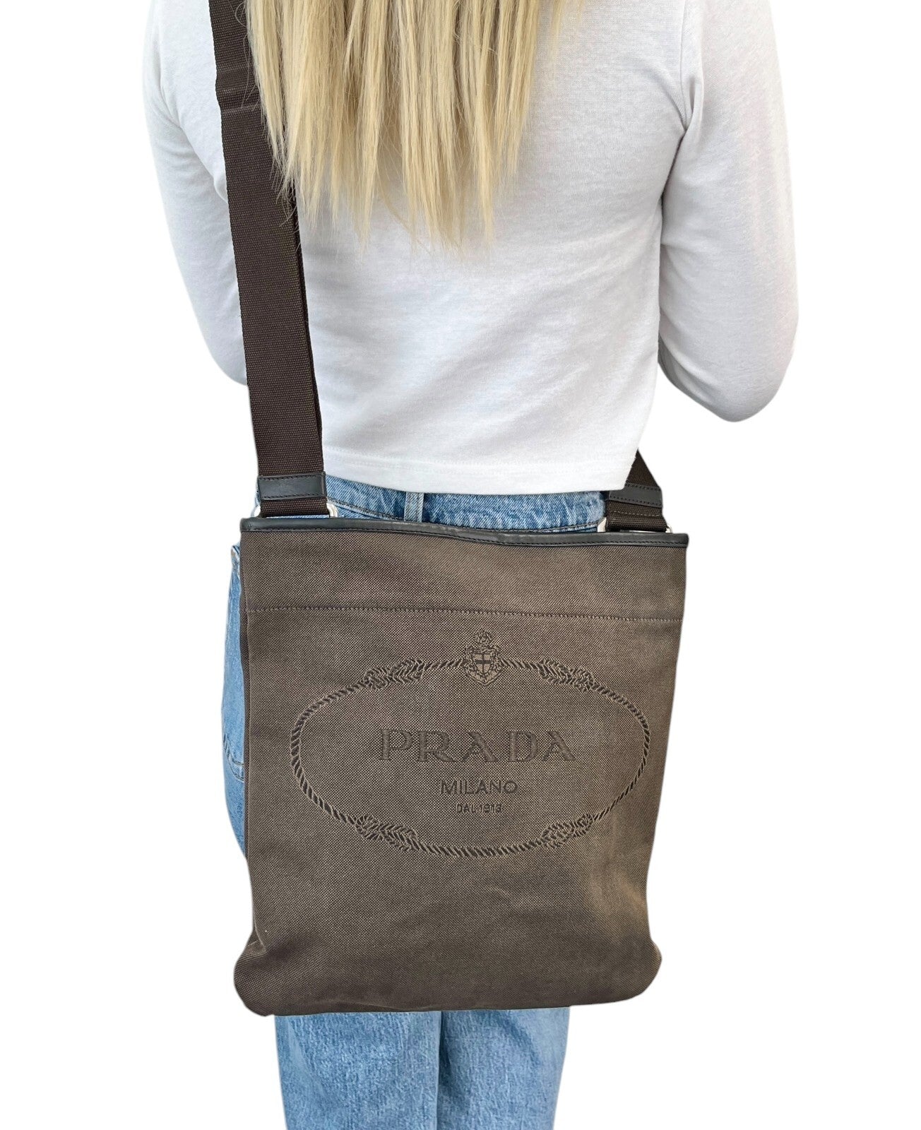PRADA Vintage Logo Crossbody Shoulder Bag Brown Silver Cotton Leather