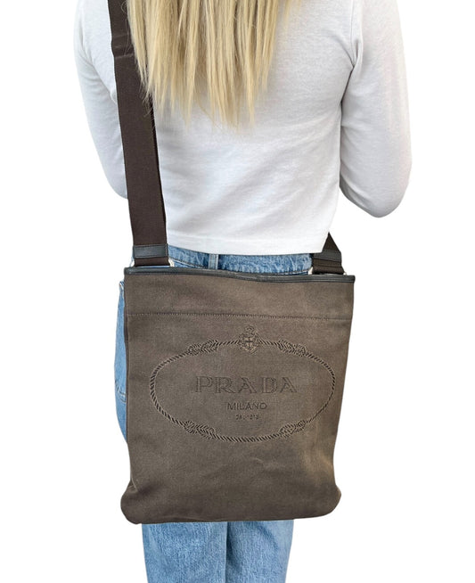 PRADA Vintage Logo Crossbody Shoulder Bag Brown Silver Cotton Leather