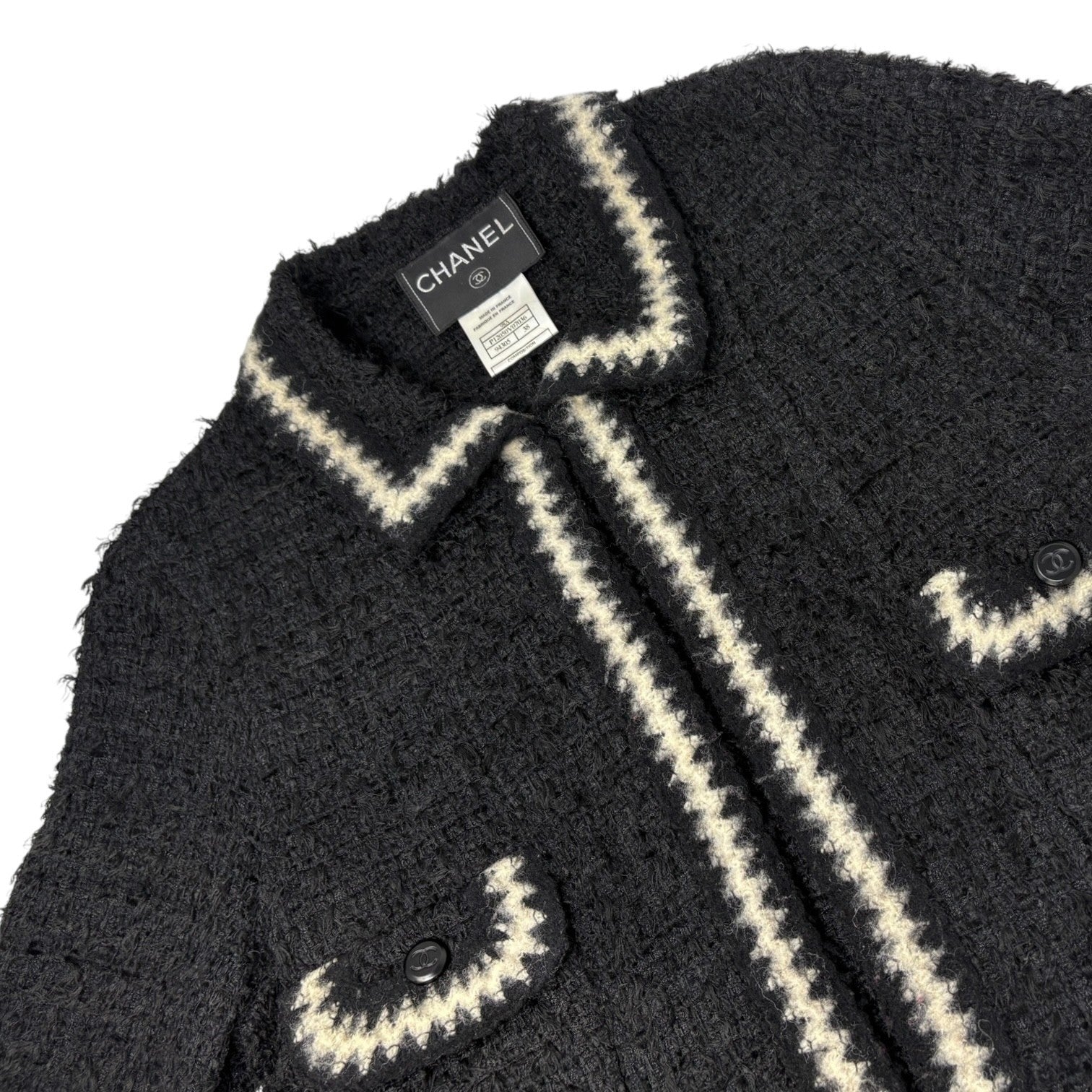 CHANEL Vintage 98A CC Mark Logo Button Tweed Jacket #38 Black White Wool