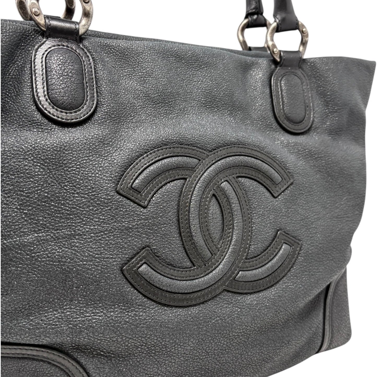CHANEL Vintage Calfskin Leather Tote Shoulder Bag Black Distressed CC Stitch