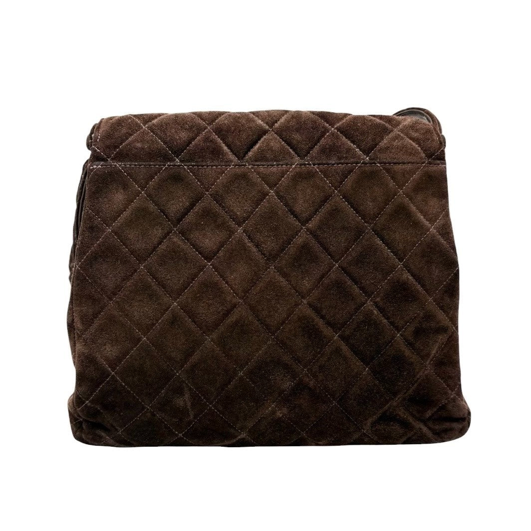 CHANEL Vintage CC Logo Turnlock Quilted Shoulder Bag Brown Gold Suede 901892
