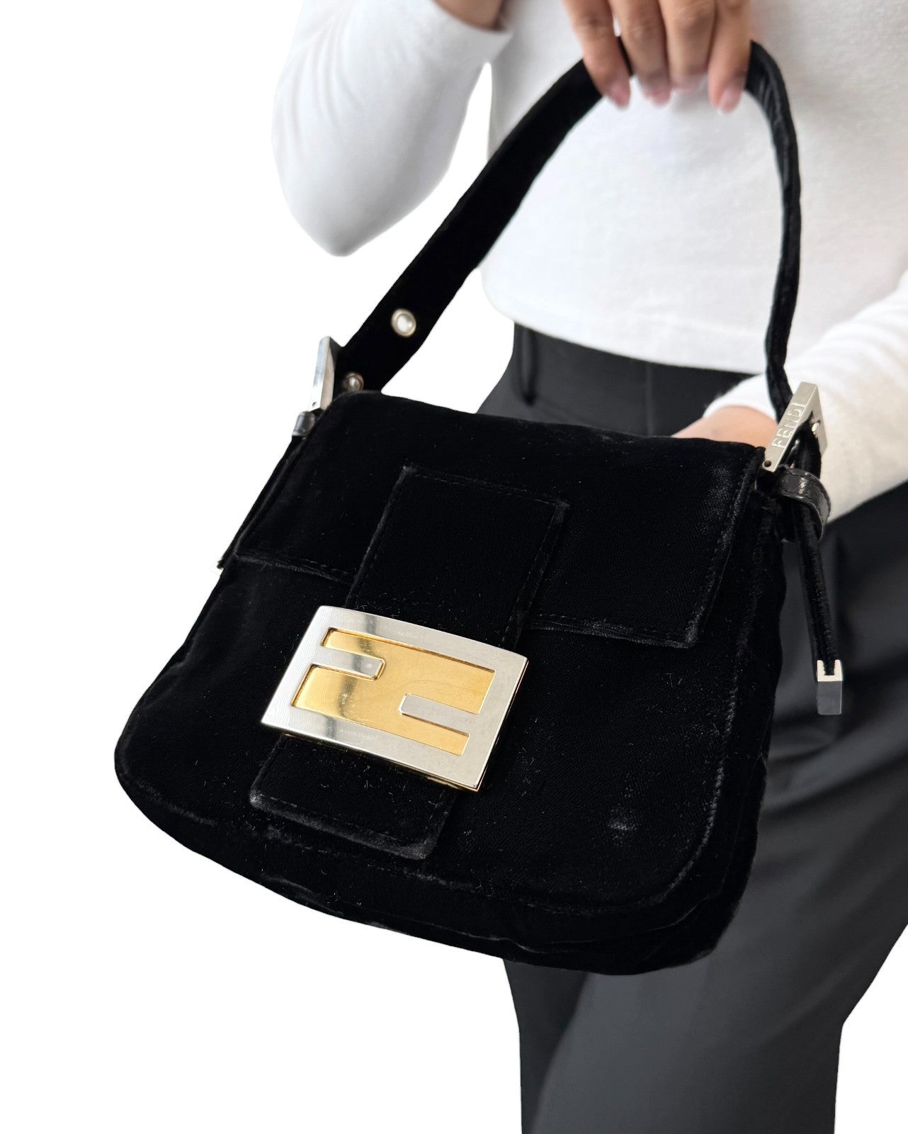 FENDI Vintage FF Logo Mamma Baguette Shoulder Bag Black Silver Velour 902207