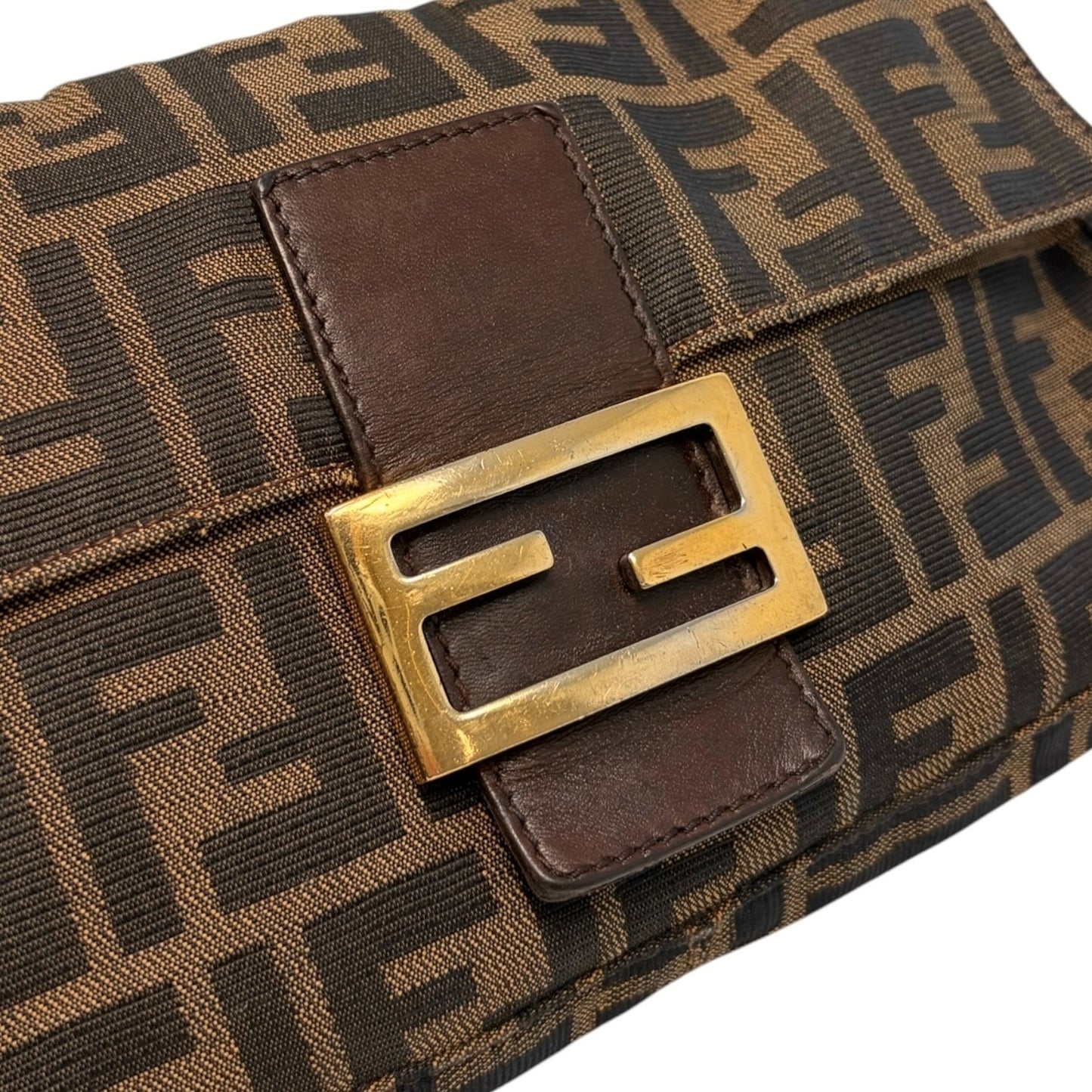 FENDI Vintage FF Logo Zucca Mamma Baguette Canvas Shoulder Bag Brown 901836