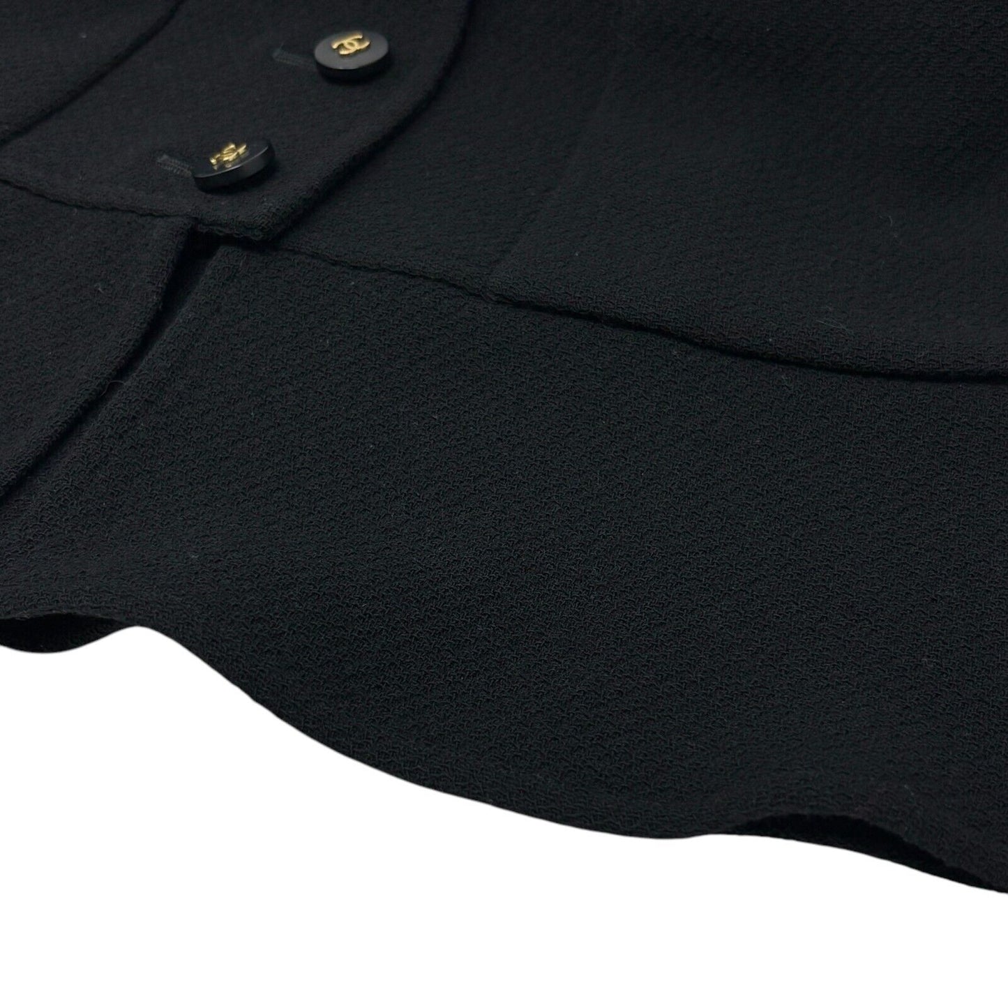 CHANEL Vintage CC Logo Button Long Jacket Top Black Gold Wool Pocket Collar