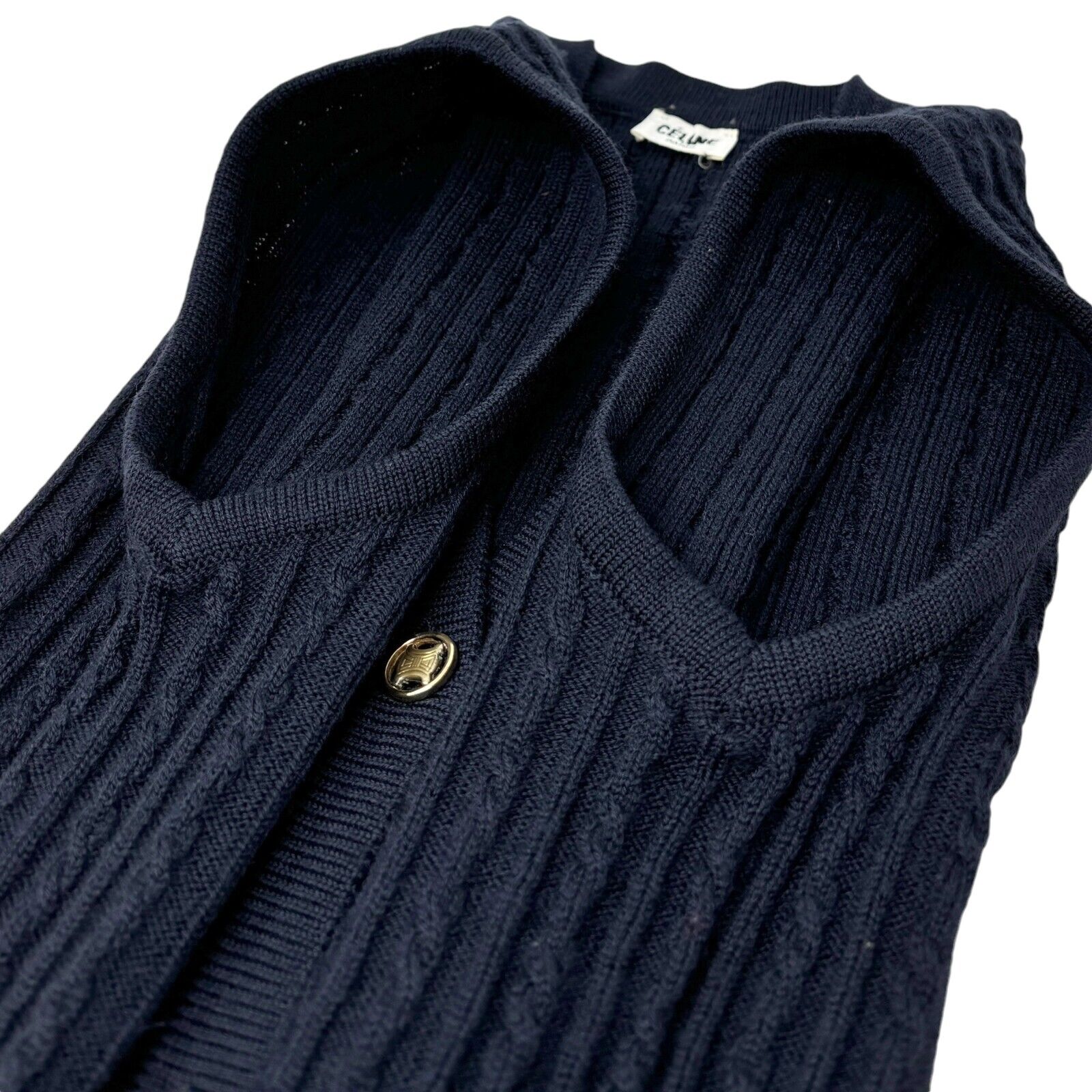 CELINE Vintage Macadam Logo Button Vest #38 Top Dark Blue Gold Wool Rank AB