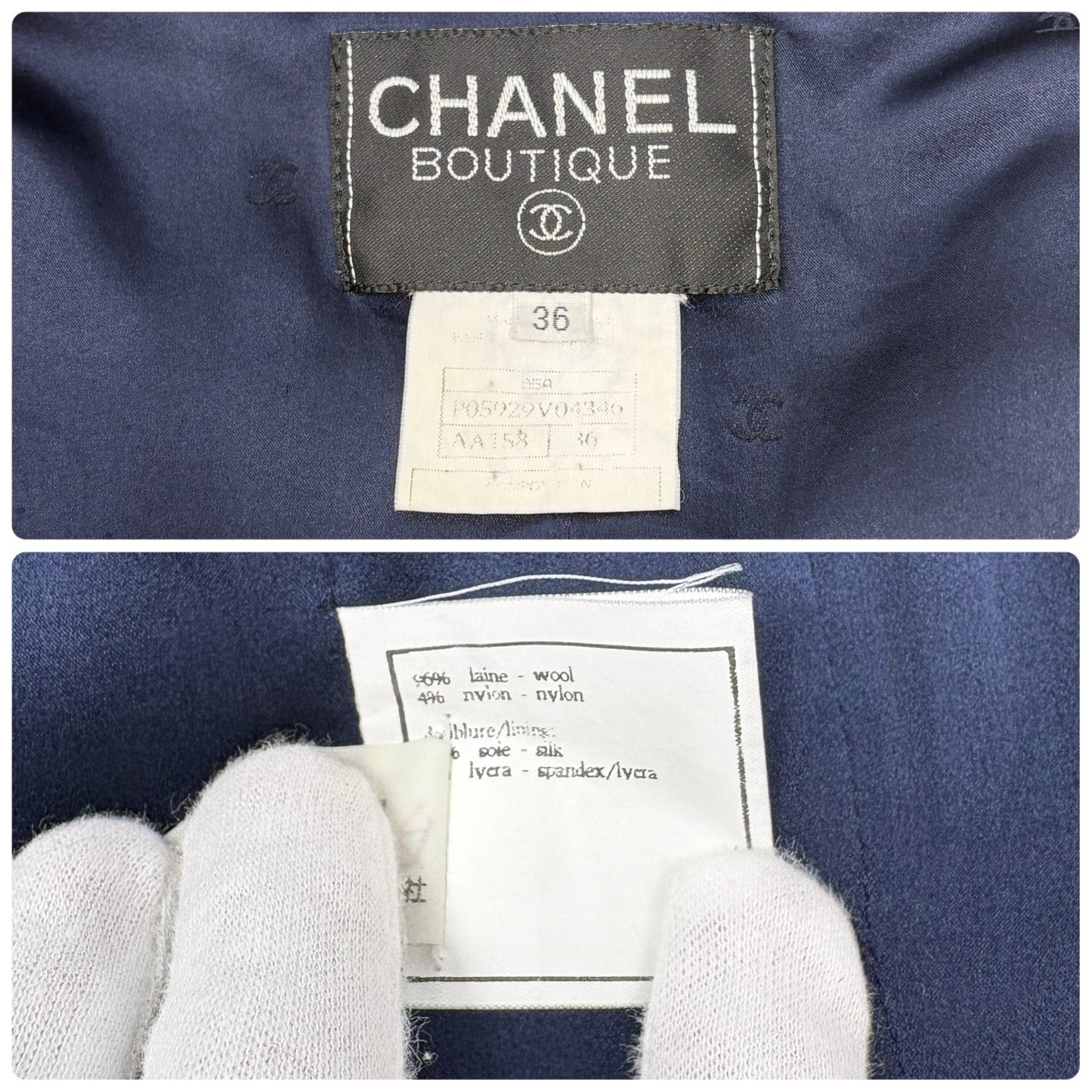 CHANEL Vintage 95A CC Logo Gold Button Collarless Jacket #36 Dark Blue Wool