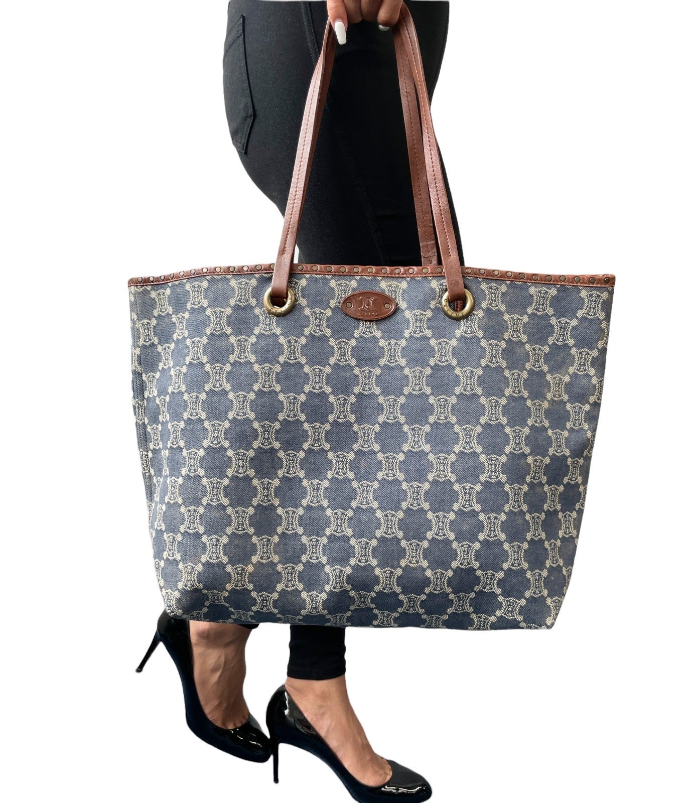 CELINE Vintage Macadam Monogram Logo Denim Tote Bag Blue Gold Cotton Leather