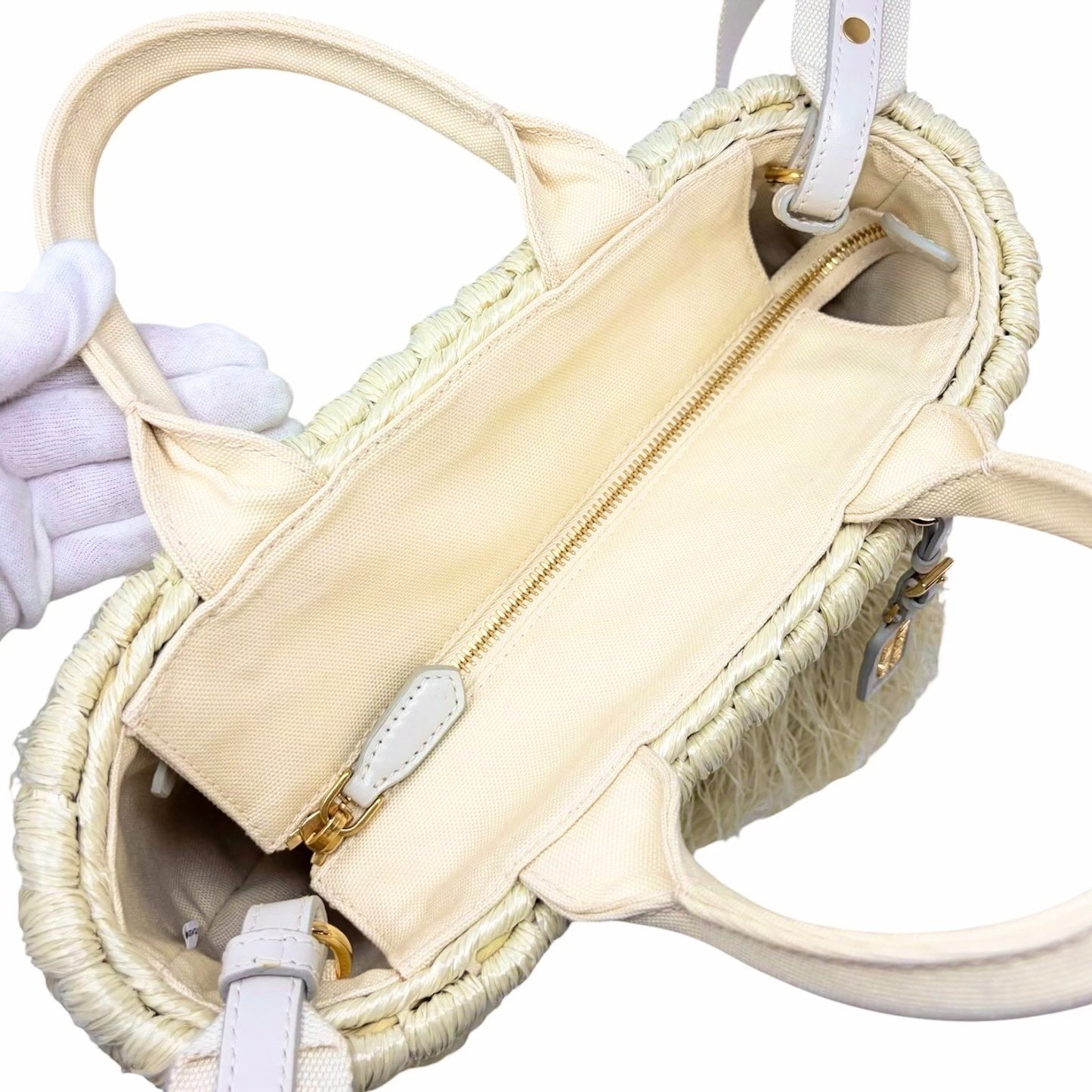 PRADA Vintage Fringe Raffia Straw Tote Crossbody Bag 2way Cream Gold 902091