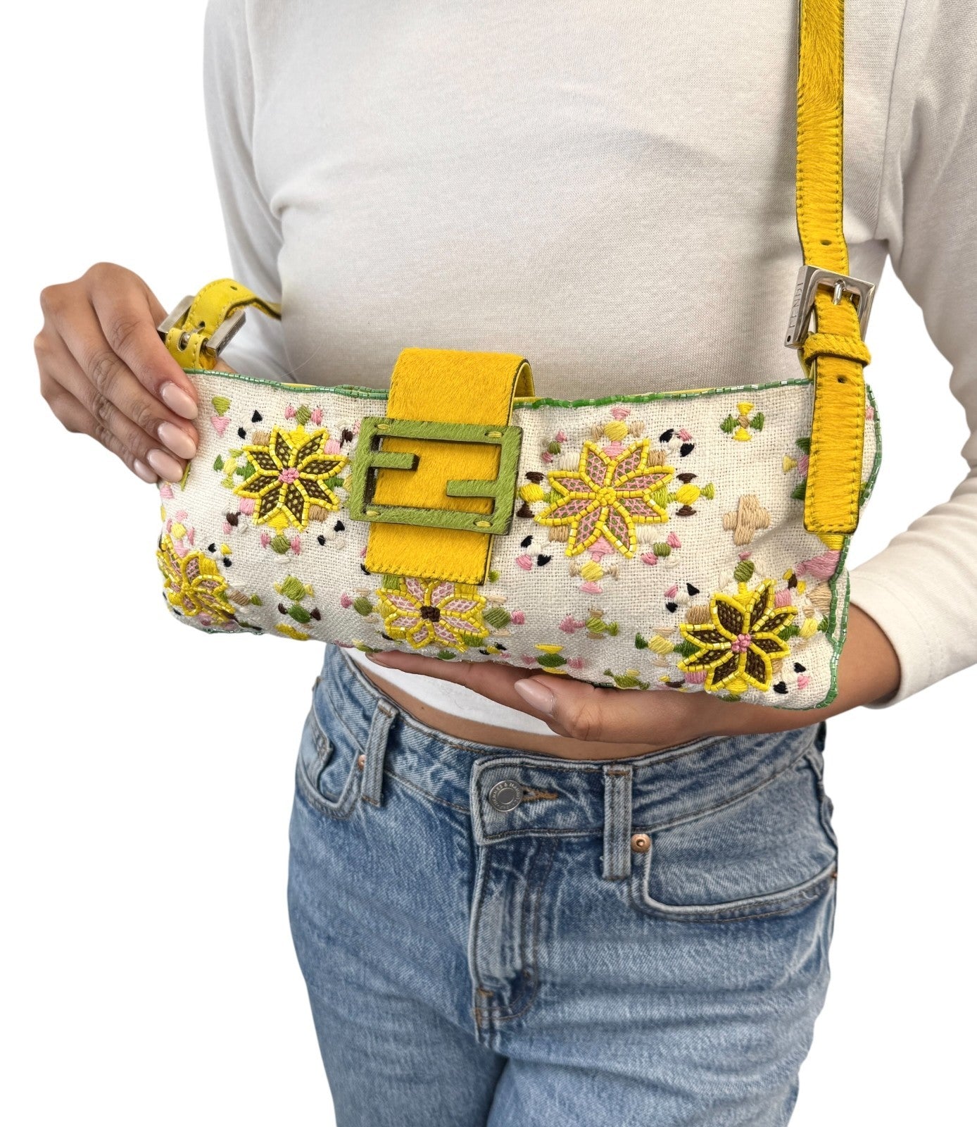FENDI Vintage FF Beads Mamma Baguette Crossbody Bag Flower Embroidery Yellow