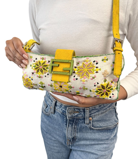 FENDI Vintage FF Beads Mamma Baguette Crossbody Bag Flower Embroidery Yellow
