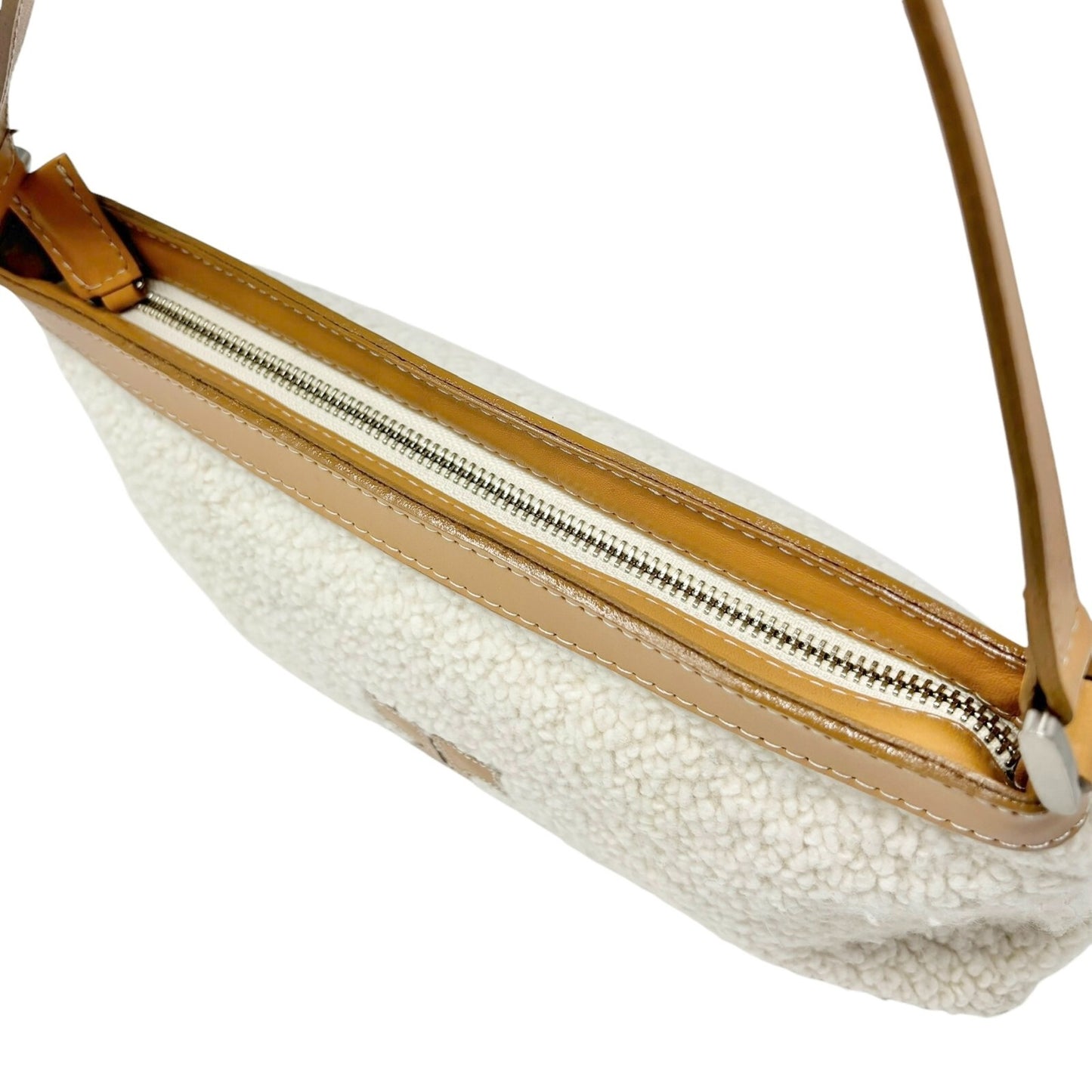Courreges Vintage Logo Stitch Shoulder Bag Cream Brown Acrylic Leather Rank AB