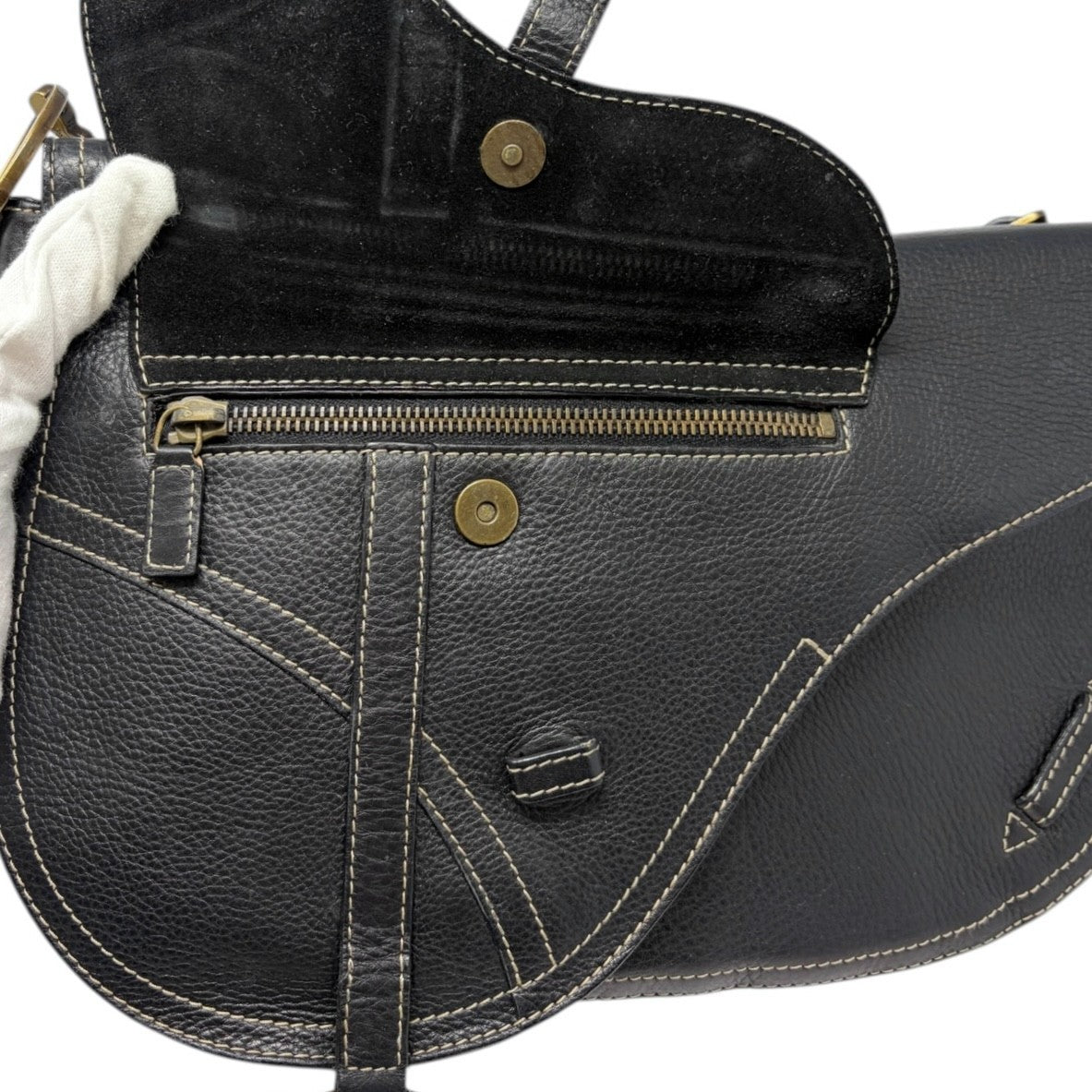 Christian Dior Vintage 2002 Double Saddle Leather Shoulder Bag Black Stitch