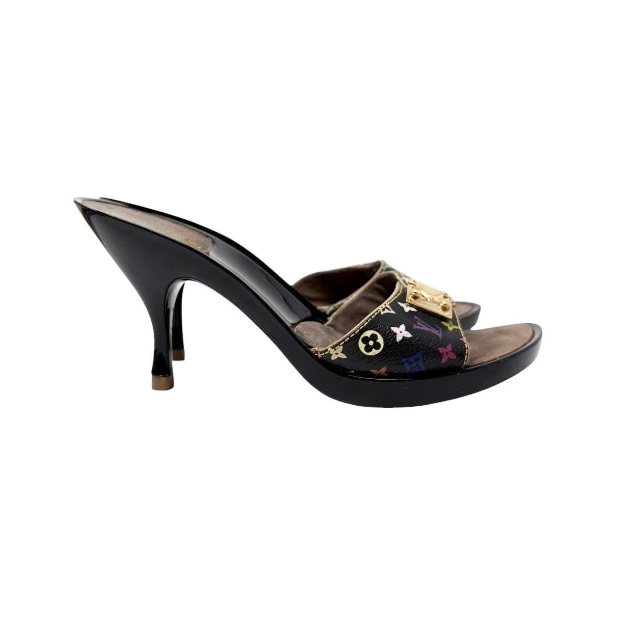LOUIS VUITTON Vintage Monogram Multicolor Sandals Heels #36.5 Black Brown