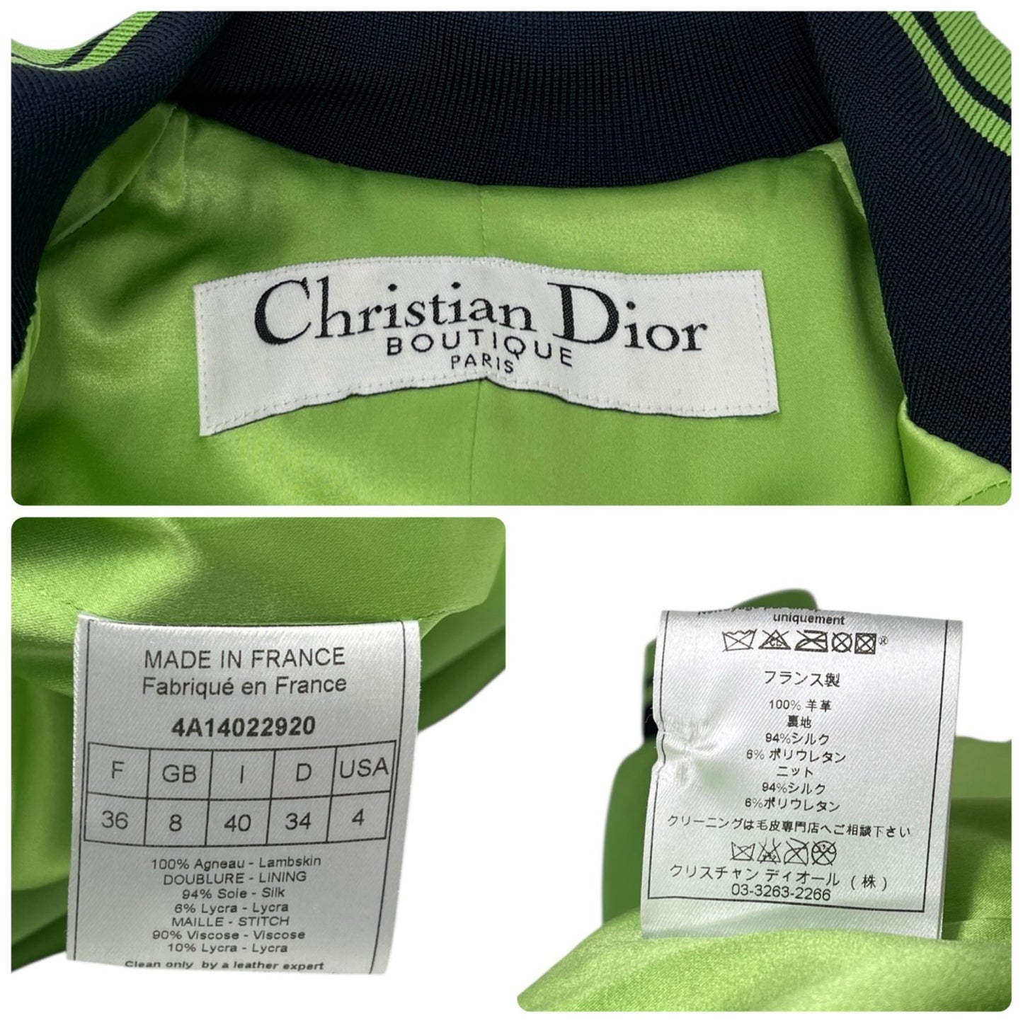 Christian Dior Vintage 2004 Logo Leather Jacket #36 Light Green Lambskin Black