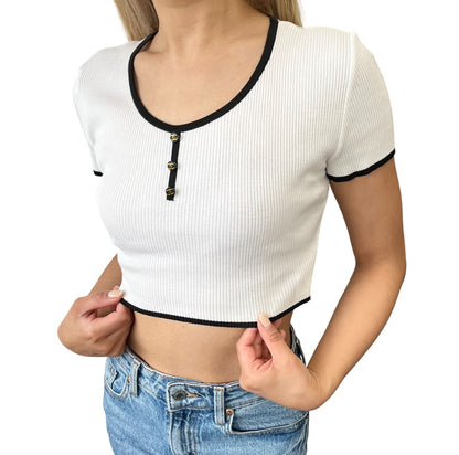 CHANEL Vintage 95P CC Logo Button Knit Cropped Ribbed T-shirt #42 White Cotton