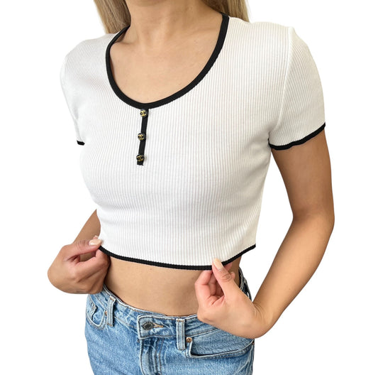 CHANEL Vintage 95P CC Logo Button Knit Cropped Ribbed T-shirt #42 White Cotton