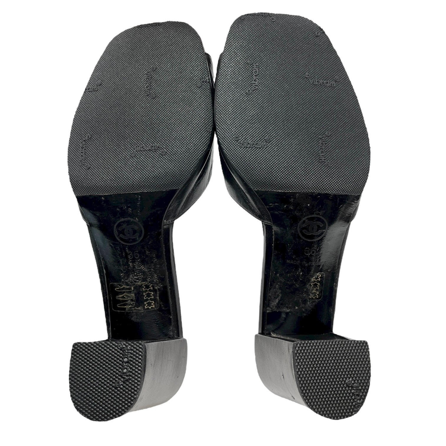 CHANEL Vintage CC Mark Logo Sandals #36 Heels Block Black Beige Leather