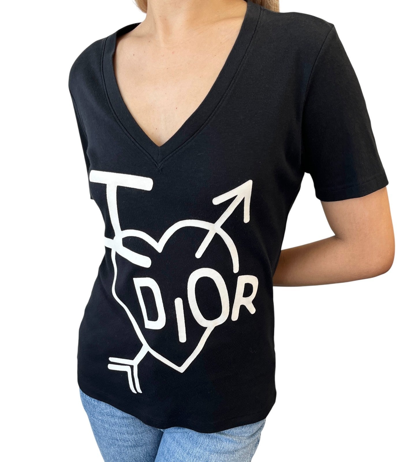 Christian Dior Vintage I Love Heart Big Logo T-shirt #38 Cotton Black White