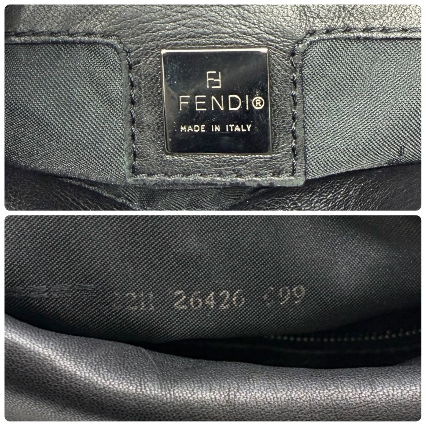 FENDI Vintage FF Logo Shoulder Bag Lambskin Black Silver Leather Metal