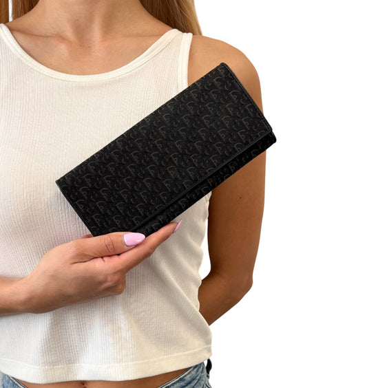 Christian Dior Vintage Trotter Monogram Canvas Long Wallet Black Silver Leather