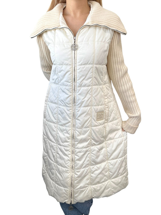 CHANEL Sport Vintage 00A CC Logo Long Puffer Coat Jacket #40 White 901827