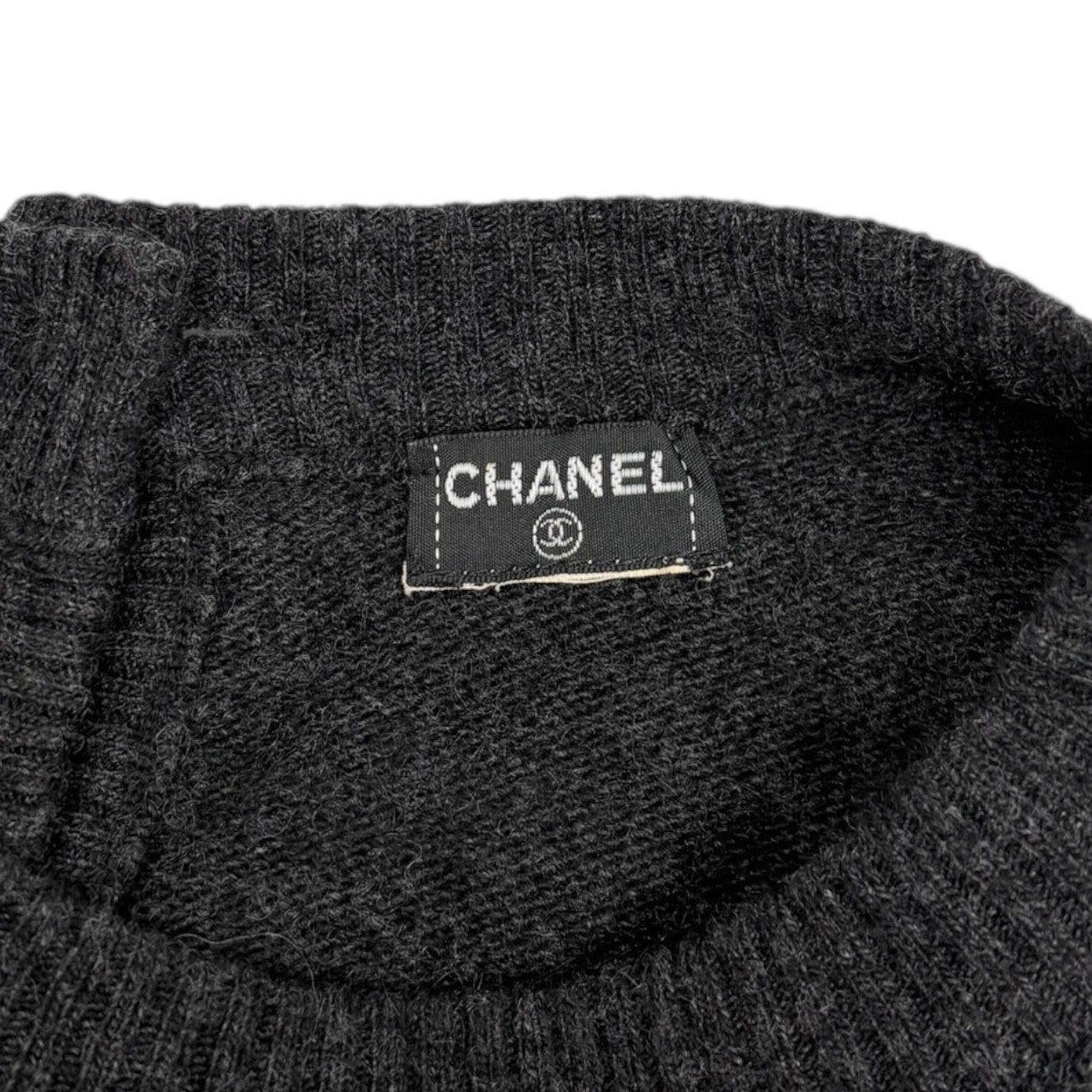 CHANEL Vintage CC Mark Logo Button Cashmere Knit Sweater Top Dark Gray Gold