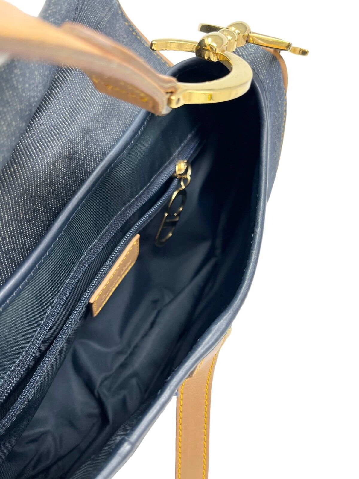 Christian Dior Vintage Double Saddle Bag Denim Dark Blue Brown Cotton Rank AB
