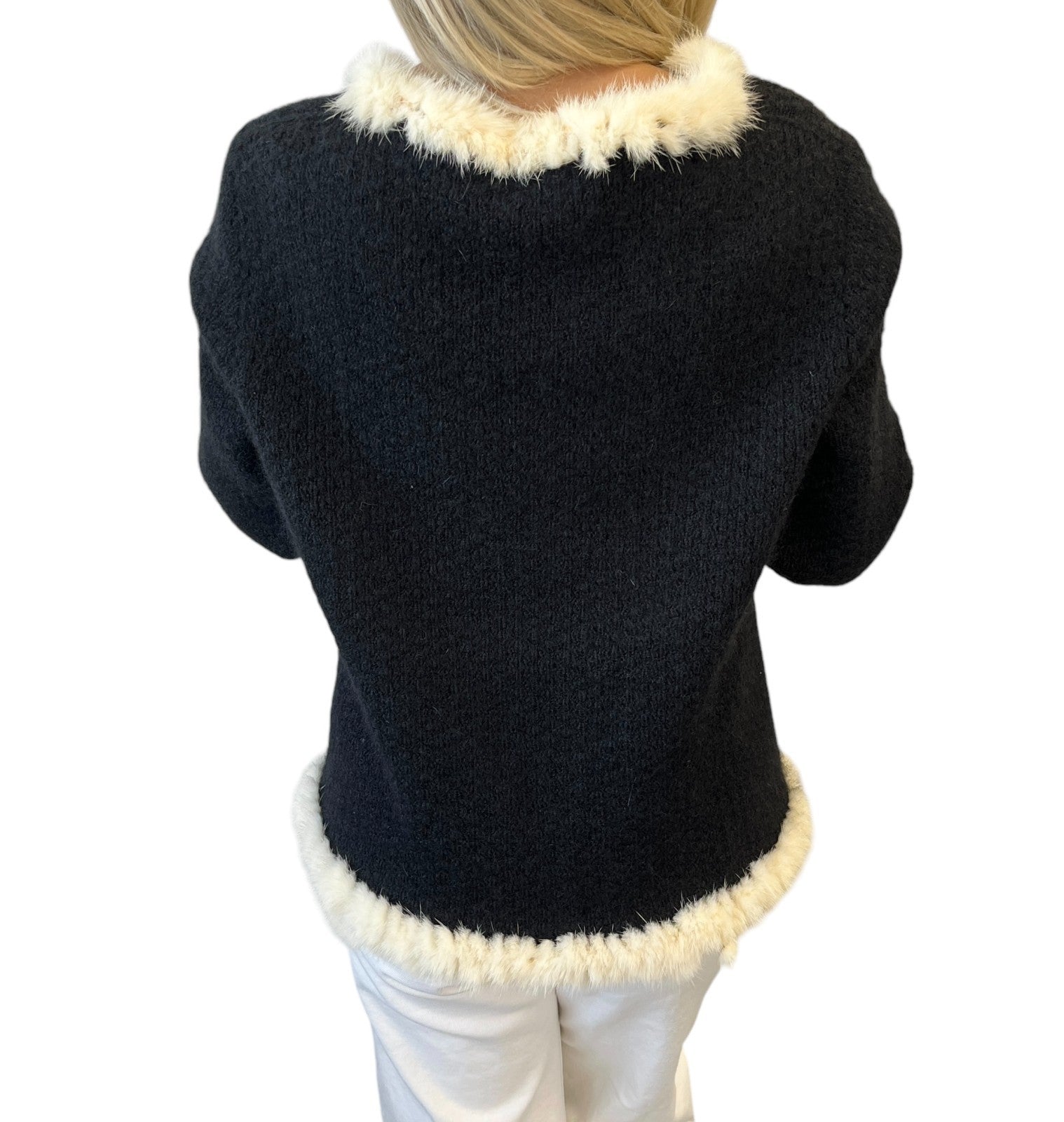 CHANEL Vintage 03A CC Logo Mohair Knit Fur Jacket Pocket Button #38 Black Cream